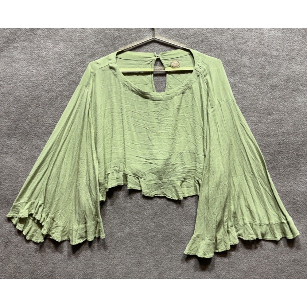 Free People Cropped Ruffle Flowy Top Womens Small Green Oversized Bohemian Shirt